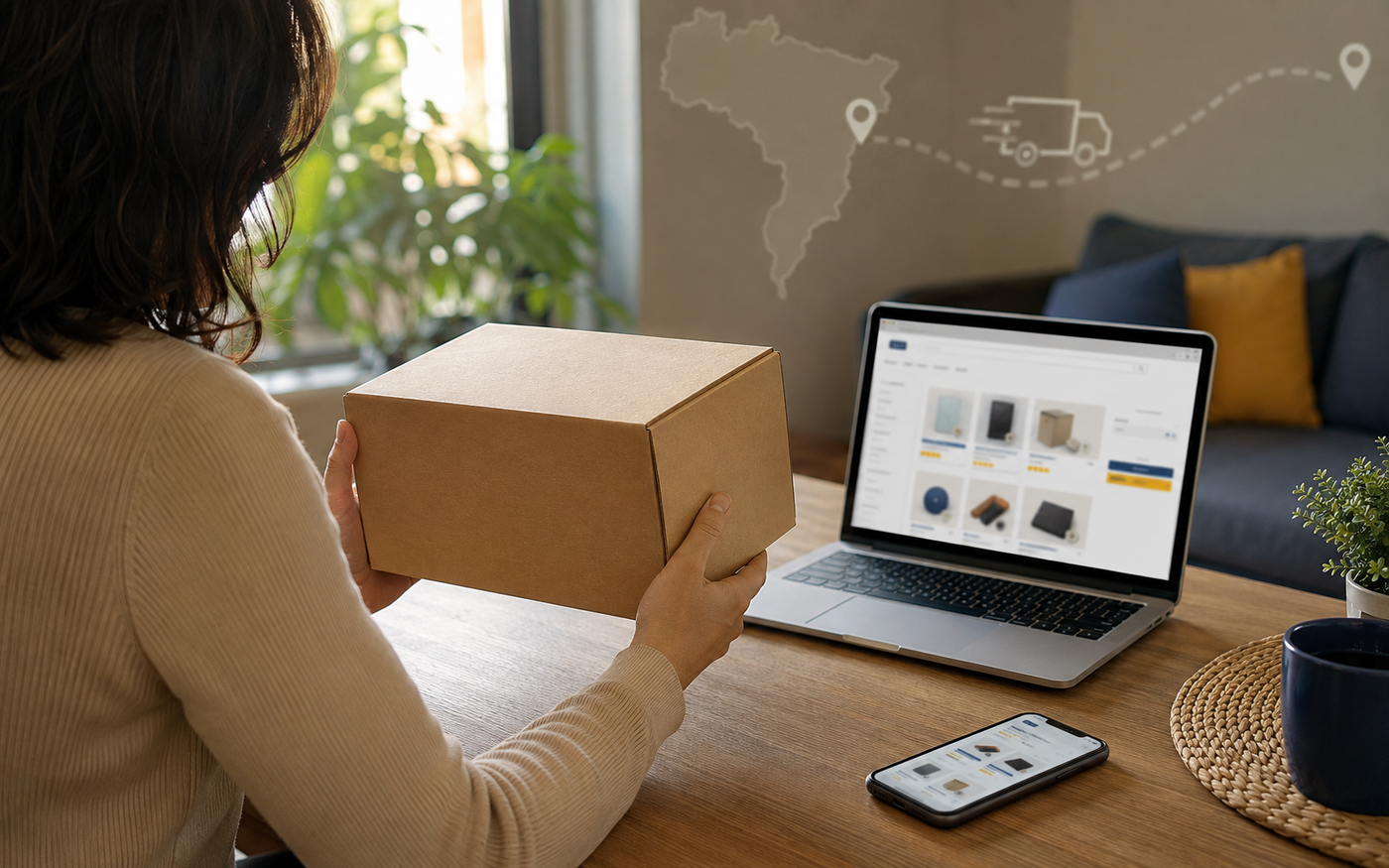 Ilustração editorial de compra online em loja do Paraguai sendo entregue no Brasil pelo serviço postal