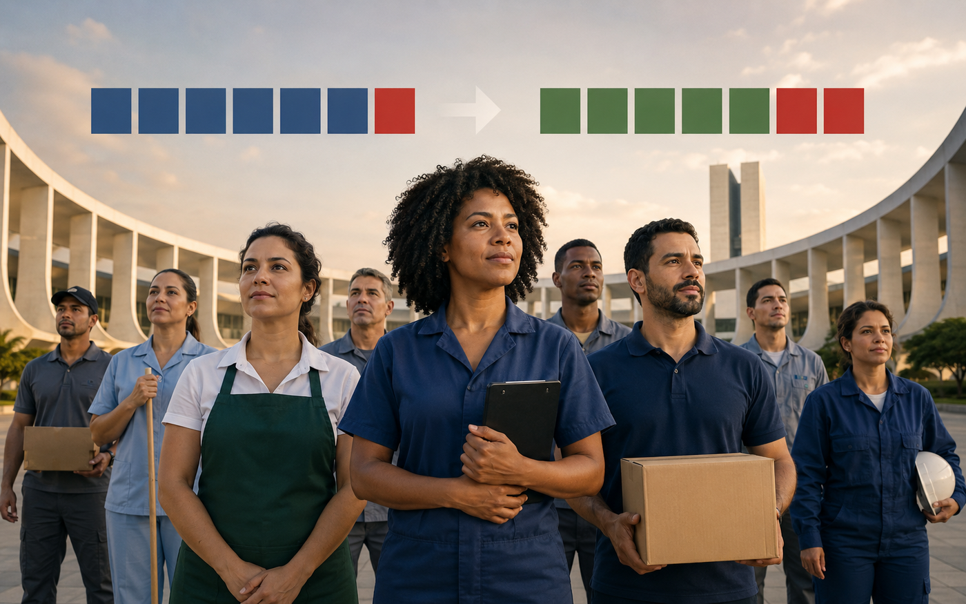 Ilustração editorial mostra trabalhadores e a mudança proposta da escala 6x1 para dois dias de descanso por semana