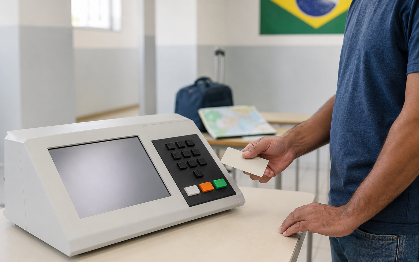 Ilustração editorial sobre voto em trânsito nas Eleições 2026, com prazo até 20 de agosto